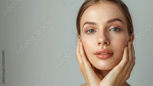 Studio portrait of a young woman with clear skin and natural makeup, exuding serenity and simplicity. Hands under her chin, a peaceful atmosphere, inviting appreciation