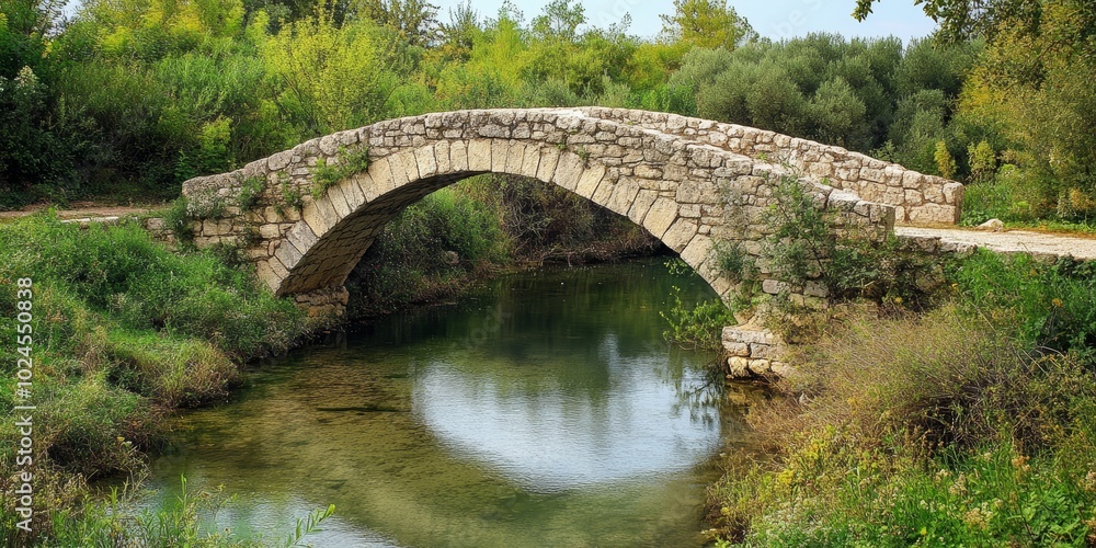Scenic stone bridge arching over calm waters in a tranquil natural setting. Scenic stone bridge arching over calm waters in a tranquil natural setting.