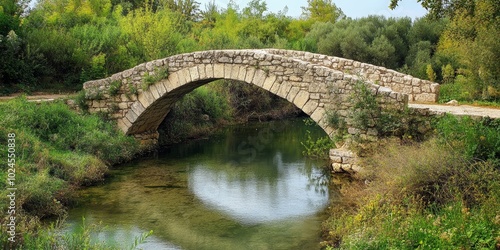 Scenic stone bridge arching over calm waters in a tranquil natural setting.