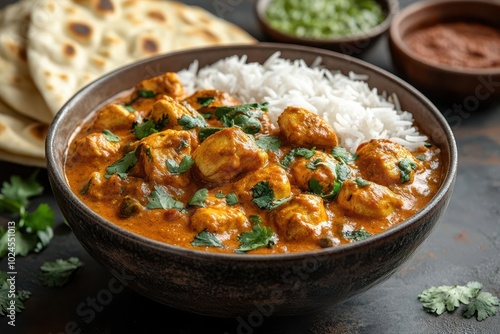 traditional indian chicken tikka masala served in a bowl accompanied by basmati rice and naan vibrant colors reflecting rich spices evoking a warm inviting atmosphere of indian cuisine