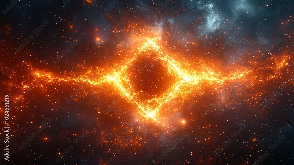 A stunning illustration of an abstract cosmic scene featuring fiery patterns and bright stars in a dark space background, evoking a sense of the universe. A stunning illustration of an abstract cosmic scene featuring fiery patterns and bright stars in a dark space background, evoking a sense of the universe.