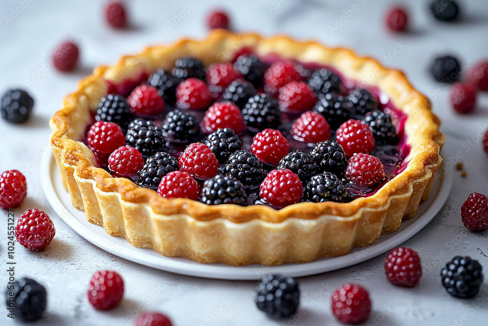 Fresh berry tart with raspberries and blackberries on a white plate Fresh berry tart with raspberries and blackberries on a white plate