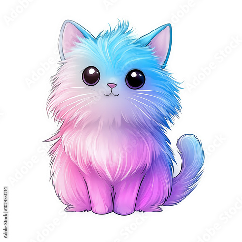 Cute Pastel Cat Sticker with Tie-Dye Pink and Blue Fur in Cartoon Style