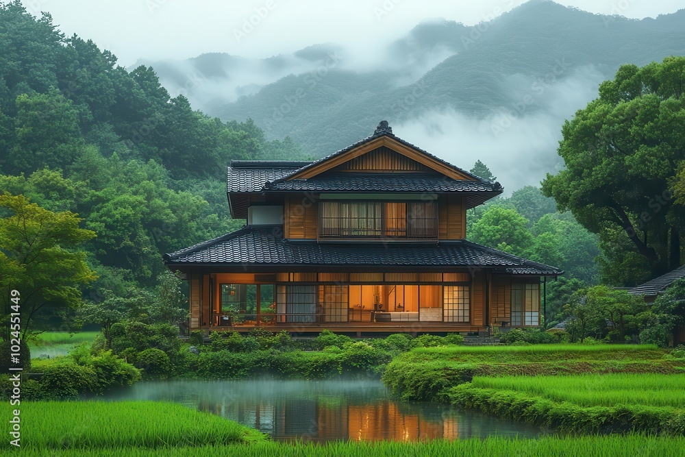 traditional japanese house nestled in serene countryside showcasing wooden architecture surrounded by lush greenery evoking tranquility and heritage traditional japanese house nestled in serene countryside showcasing wooden architecture surrounded by lush greenery evoking tranquility and heritage