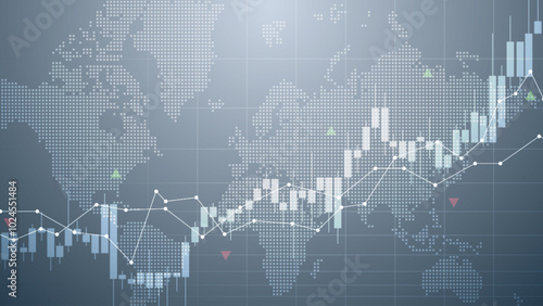 Illustration of a rising stock market. Financial bar chart, candlestick, bond data, and upward-sloping graph on a world map background. Improved business information and economic growth data