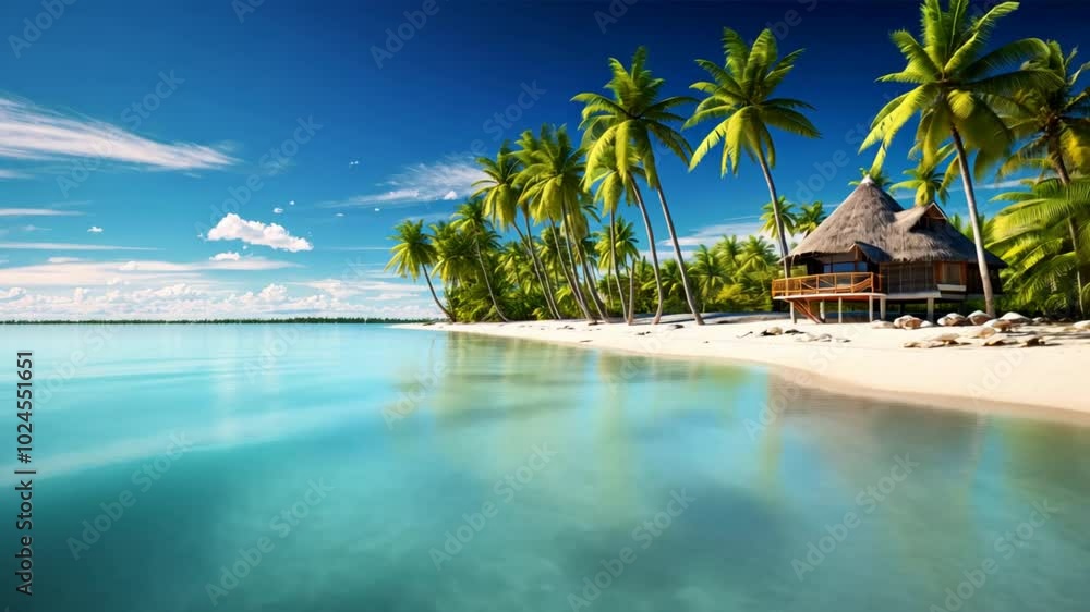 A beautiful beach with palm trees and a small hut. A beautiful beach with palm trees and a small hut.
