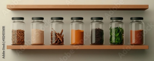 Traditional apothecary shop with shelves filled with glass jars, containing various dried roots, berries, and powders, 3D illustration