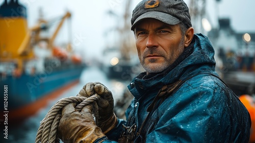 Middle-aged Caucasian male fisherman gripping rope in a moody harbor setting. photo