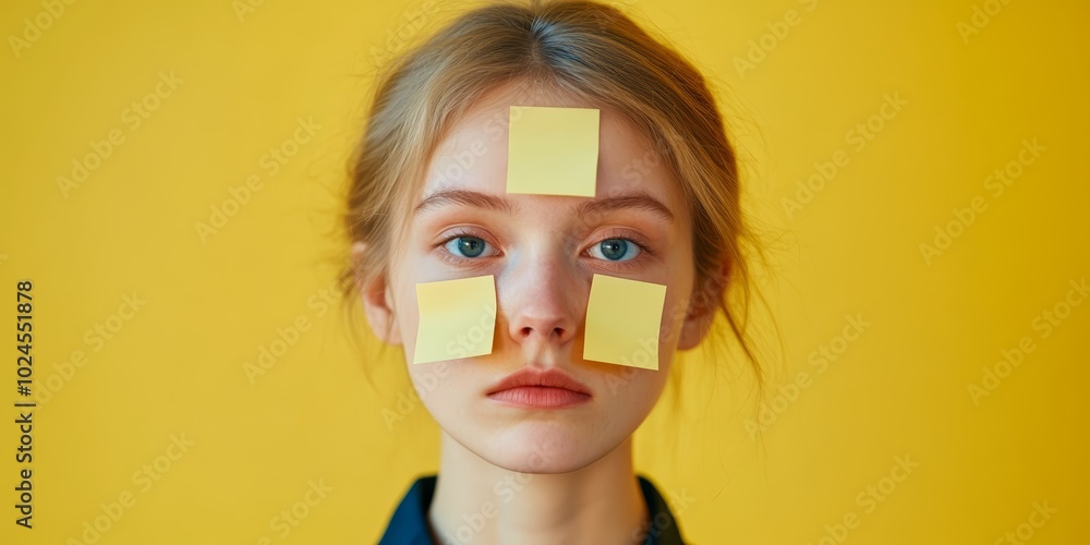 A young Caucasian woman with sticky notes on her face against a bright yellow background. A young Caucasian woman with sticky notes on her face against a bright yellow background.