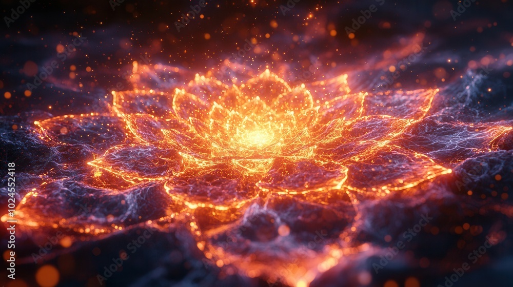 A mesmerizing glowing lotus flower composed of fiery sparks and light. The image evokes a sense of warmth and tranquility against a dark background. A mesmerizing glowing lotus flower composed of fiery sparks and light. The image evokes a sense of warmth and tranquility against a dark background.