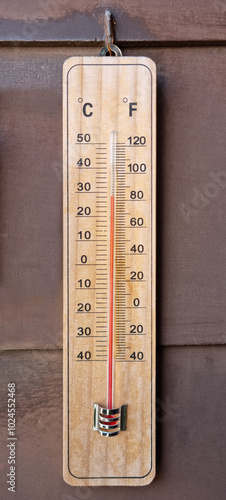 An outdoor thermometer displaying a temperature of 29 degrees Celsius photo