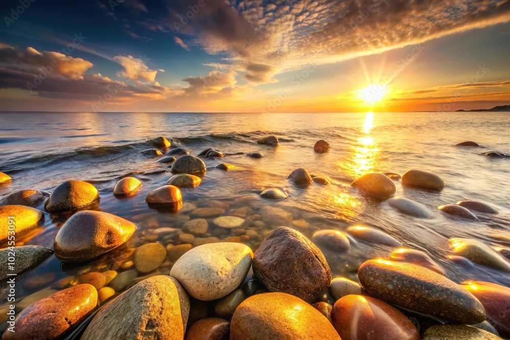 Obraz premium Stones at sea lit by the golden evening sun Wide-Angle