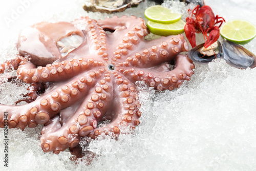 Whole fresh raw octopus and other sea food on ice, closeup photo