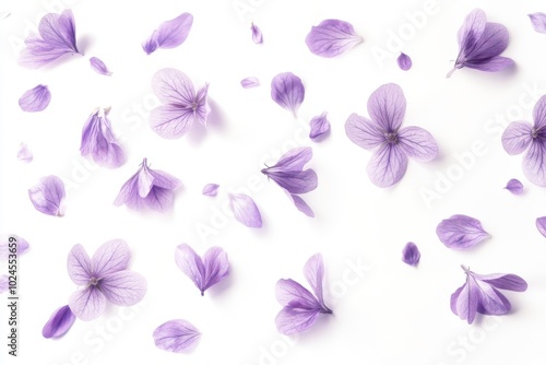 A delicate scattering of small purple flowers and petals, floating in various directions across