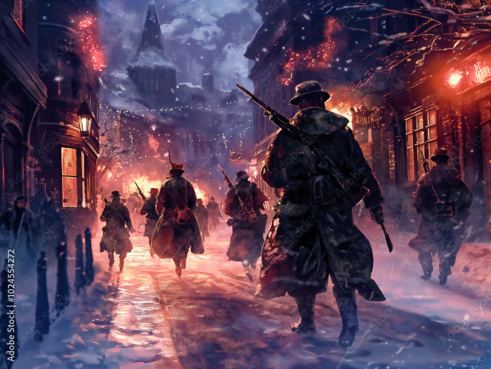 A group of soldiers are walking down a snowy street, with one of them holding a gun. The scene is dark and moody, with the soldiers looking tired and worn out. Concept of danger and conflict A group of soldiers are walking down a snowy street, with one of them holding a gun. The scene is dark and moody, with the soldiers looking tired and worn out. Concept of danger and conflict