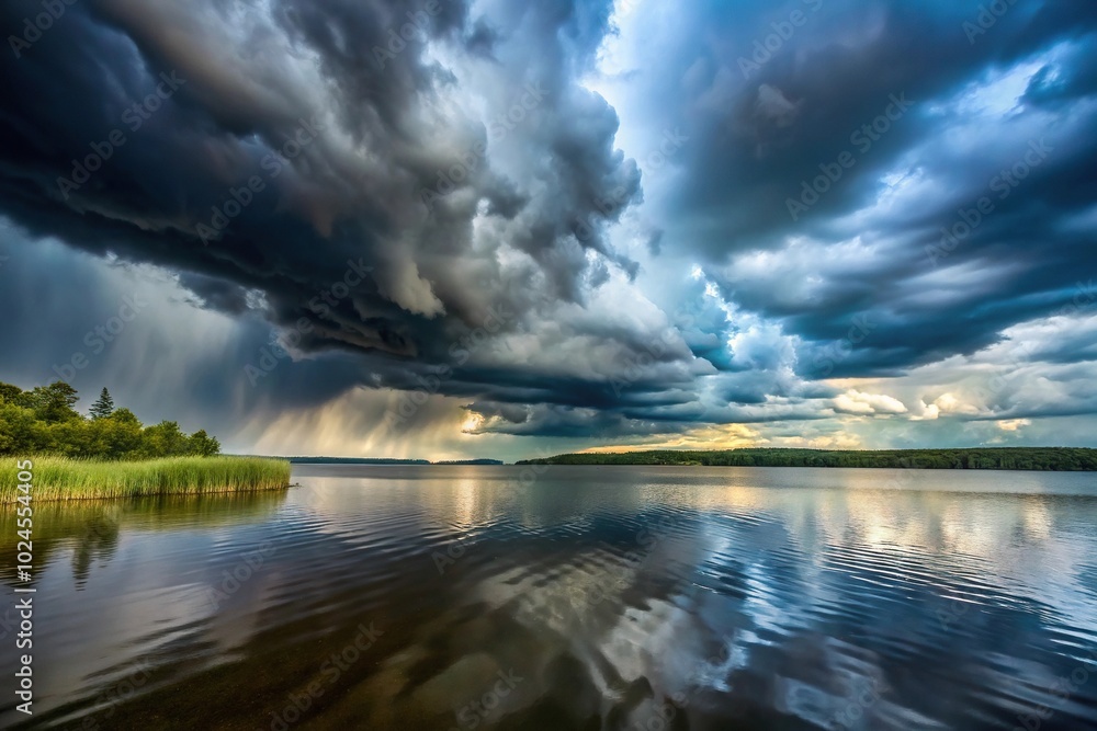 Fototapeta premium Stormy weather at a tilted angle lake with dark clouds during rainy season