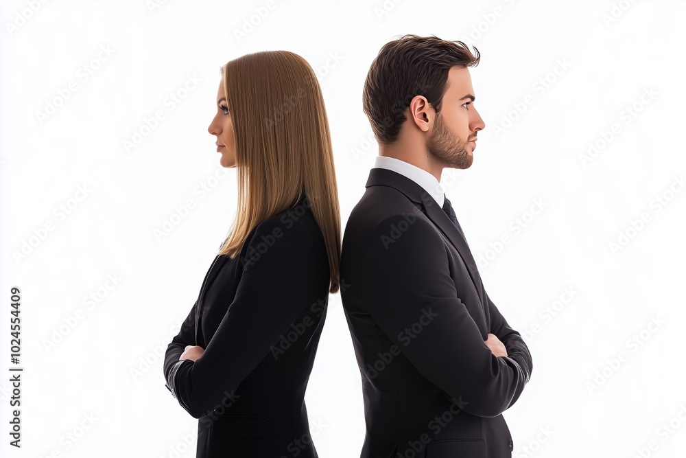 Business partners standing together back to back on white background Business partners standing together back to back on white background