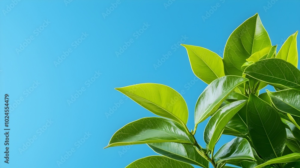 Obraz premium Stunning digital backdrop featuring a lush arrangement of verdant green leaves contrasted against a bright beautiful blue sky This tranquil natural scene evokes a sense of freshness and liveliness
