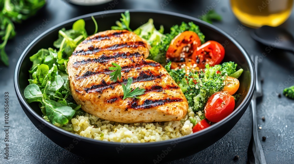A vibrant low-carb keto meal features perfectly grilled chicken served alongside fluffy cauliflower rice and a medley of fresh leafy greens. A vibrant low-carb keto meal features perfectly grilled chicken served alongside fluffy cauliflower rice and a medley of fresh leafy greens.