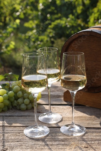 Tasty wine in glasses, grapes and barrel on wooden table outdoors