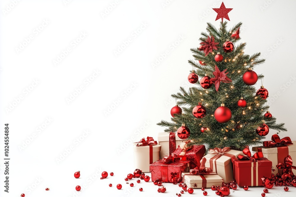 Christmas Tree with Red decorations and Gifts. Holiday concept on White background with copy-space. Generative AI. Christmas Tree with Red decorations and Gifts. Holiday concept on White background with copy-space. Generative AI.