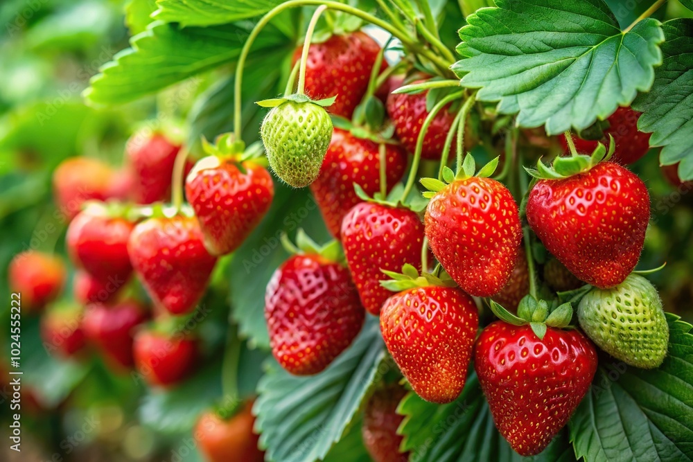 Strawberries on vines with green leaves in background Strawberries on vines with green leaves in background