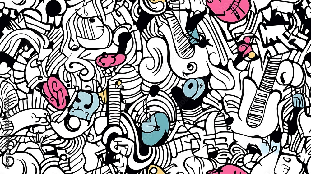 Naklejka premium A detailed music-themed pattern, depicting electric guitars, drum sets, neon-colored keyboards, and swirling music notes amidst abstract sound wave shapes. Light,