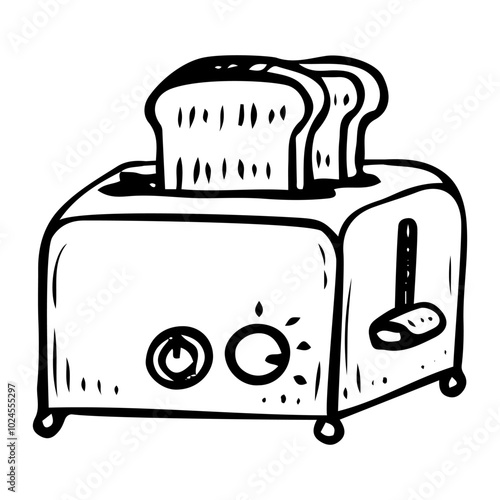 Toaster hand drawn doodle. Fried pieces of bread. Kitchen electrical appliance. Frying device. Household appliances. Breakfast food. Time to eat. Vector sketch line art illustration.