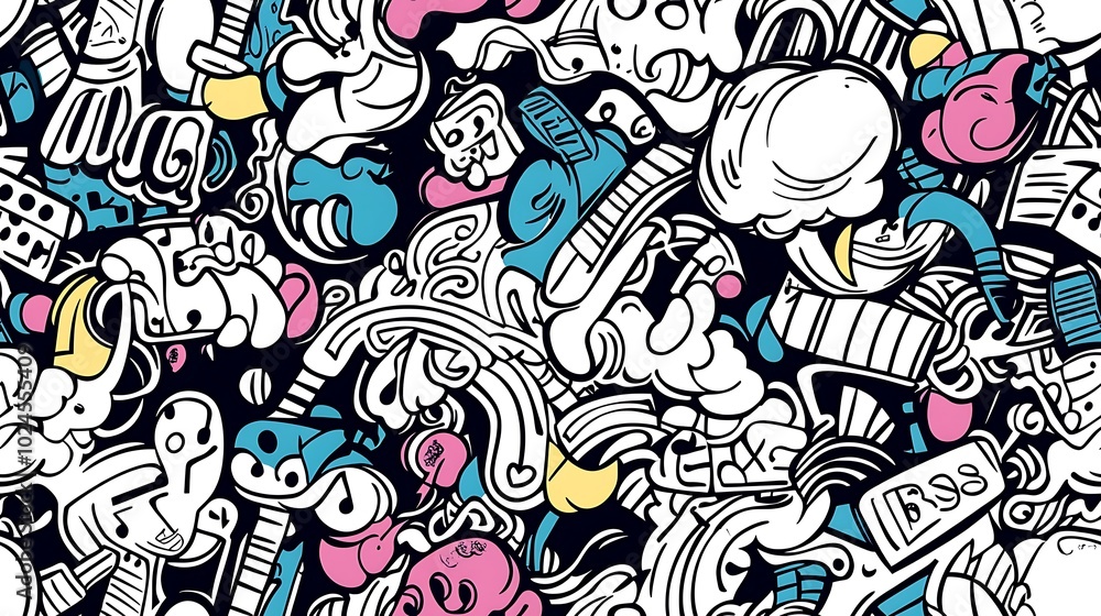 Naklejka premium A detailed music-themed pattern, depicting electric guitars, drum sets, neon-colored keyboards, and swirling music notes amidst abstract sound wave shapes. Light,