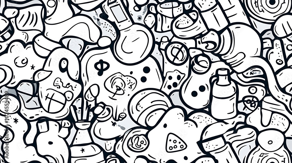 Naklejka premium A detailed science-themed pattern, depicting laboratory equipment like beakers, test tubes, microscopes, and chemical formulas amidst swirling molecular structures and atom models. Light,