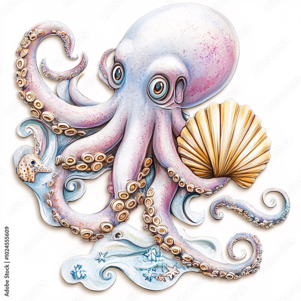 Obraz premium Playful Octopus with Seashell on White Background