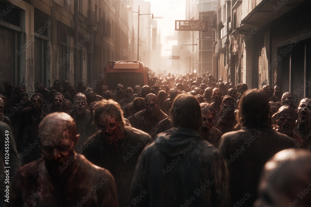 Crowd of zombies in a post-apocalyptic city zombie attack going forward Crowd of zombies in a post-apocalyptic city zombie attack going forward