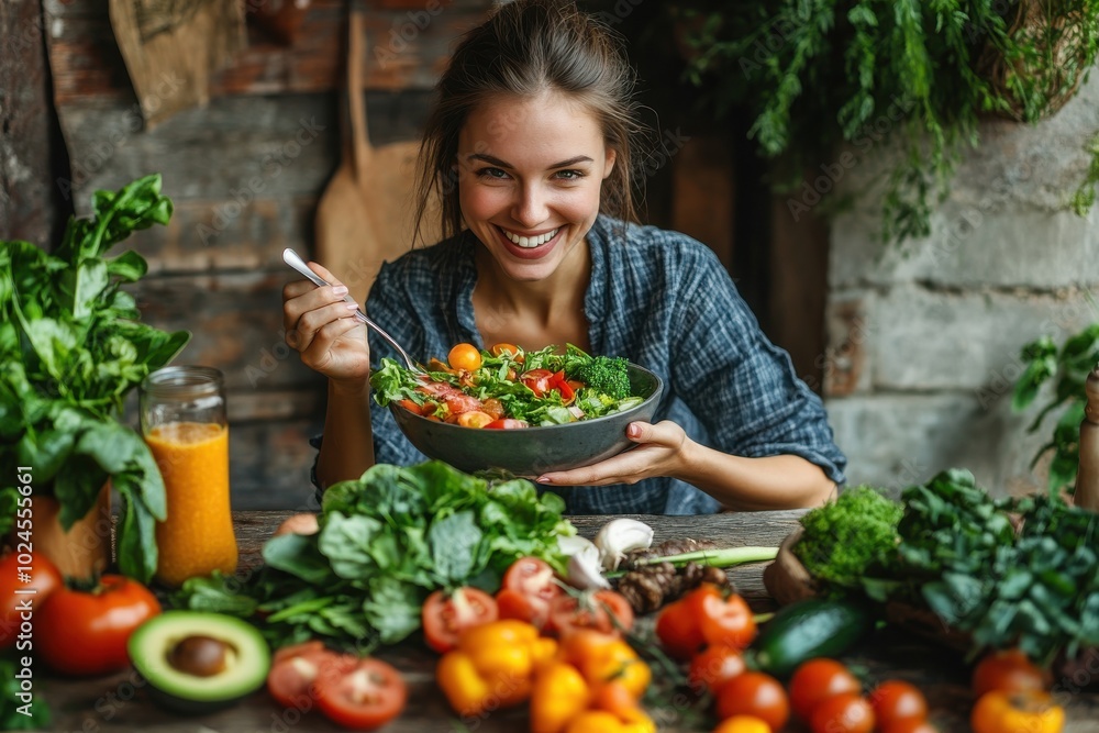 A happy woman sitting at a rustic table filled with fresh ingredients, including leafy greens A happy woman sitting at a rustic table filled with fresh ingredients, including leafy greens