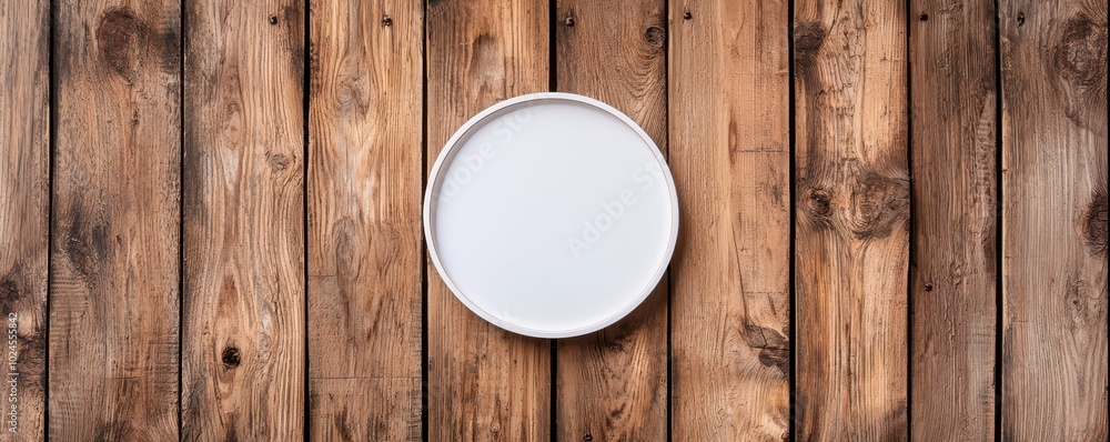 A simple round signboard hangs against a rustic reclaimed wooden wall A simple round signboard hangs against a rustic reclaimed wooden wall