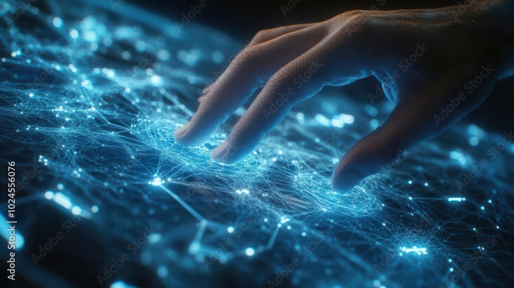 A human hand gently touches a digital surface of interconnected nodes and glowing lines A human hand gently touches a digital surface of interconnected nodes and glowing lines
