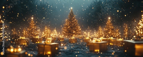 Enchanting night scene with glowing Christmas trees and golden gift boxes on a dark magical winter landscape