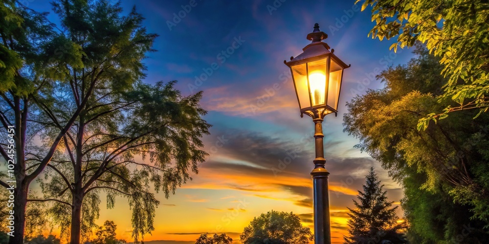 Street light shining through trees at dusk Street light shining through trees at dusk