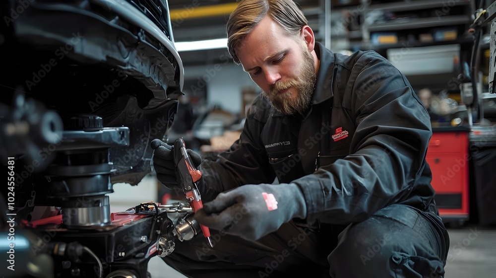 Skilled and Focused Mechanic Intently Working on Repairing the Suspension System of an Automobile in a Garage Workshop Using Power Tools to Ensure Precise Maintenance and Skilled and Focused Mechanic Intently Working on Repairing the Suspension System of an Automobile in a Garage Workshop Using Power Tools to Ensure Precise Maintenance and