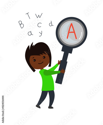 Dyslexia child concept. african american cute boy holds a large magnifying glass and studies the letters. Reading skills.  speech Therapy ,Vector illustration isolated on white background.