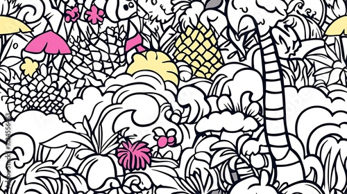 Wallpaper Mural A detailed tropical-themed pattern, depicting palm trees, beach umbrellas, pineapples, coconuts, and exotic birds amidst swirling waves and floral patterns. Light, Torontodigital.ca