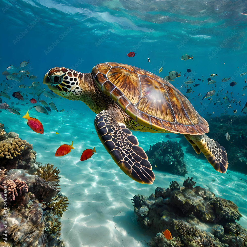 A sea turtle gliding through a clear turquois A sea turtle gliding through a clear turquois