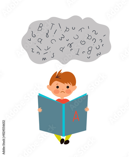 Dyslexia child concept. african american cute boy holds a large magnifying glass and studies the letters. Reading skills.  speech Therapy ,Vector illustration isolated on white background.