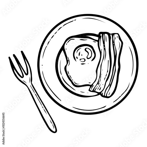 Egg with bacon on a plate hand drawn doodle. Morning food. Hearty breakfast. Sunny fried egg and pork slices. Cutlery fork. Vector sketch line art illustration.