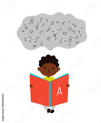 Dyslexia child concept. african american cute boy holds a large magnifying glass and studies the letters. Reading skills.  speech Therapy ,Vector illustration isolated on white background.