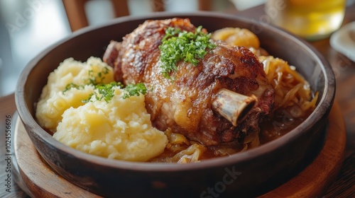 Cooked meat dish with mashed potatoes on a wooden table, suggesting a meal setting