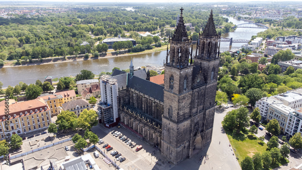 Naklejka premium panorama of the town magdeburg in saxony-anhalt with the cathedral