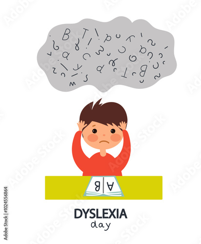 Dyslexia child concept. african american cute boy holds a large magnifying glass and studies the letters. Reading skills.  speech Therapy ,Vector illustration isolated on white background.