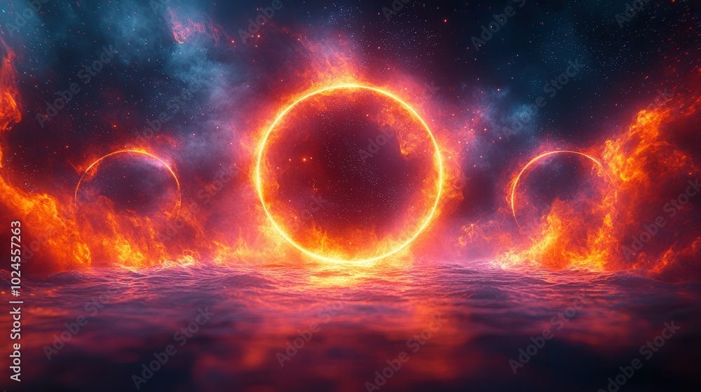 A stunning cosmic scene featuring fiery rings against a vibrant galaxy and ocean waves. The colors blend into the starry night, creating a mesmerizing effect. A stunning cosmic scene featuring fiery rings against a vibrant galaxy and ocean waves. The colors blend into the starry night, creating a mesmerizing effect.