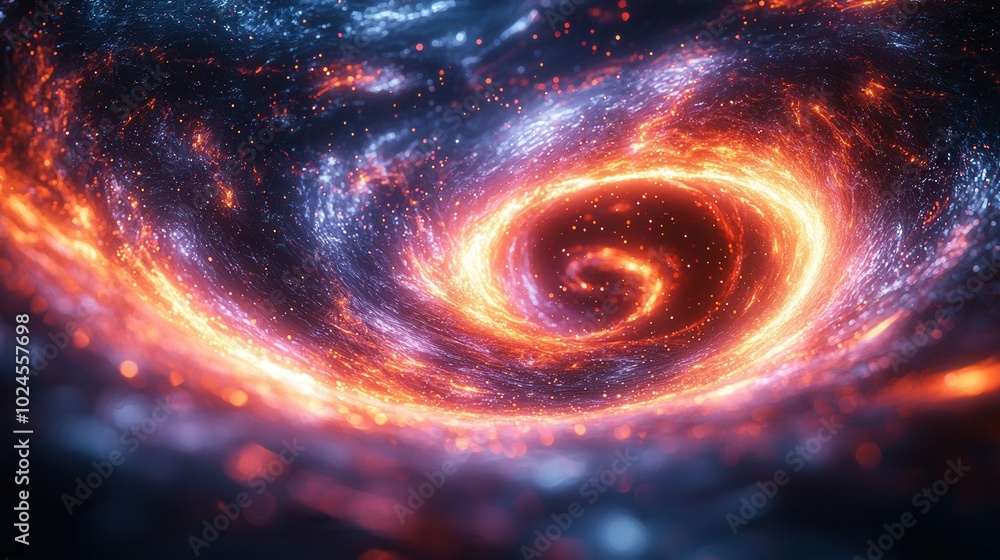 A stunning display of a cosmic spiral galaxy with vibrant orange and blue hues swirling in the vastness of space, creating a mesmerizing spectacle. A stunning display of a cosmic spiral galaxy with vibrant orange and blue hues swirling in the vastness of space, creating a mesmerizing spectacle.