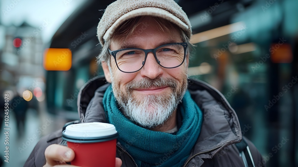 Friendly and Cheerful Bus Driver Enjoying a Coffee Break at a Futuristic Looking Bus Station with a Triadic Color Scheme in the Background Friendly and Cheerful Bus Driver Enjoying a Coffee Break at a Futuristic Looking Bus Station with a Triadic Color Scheme in the Background